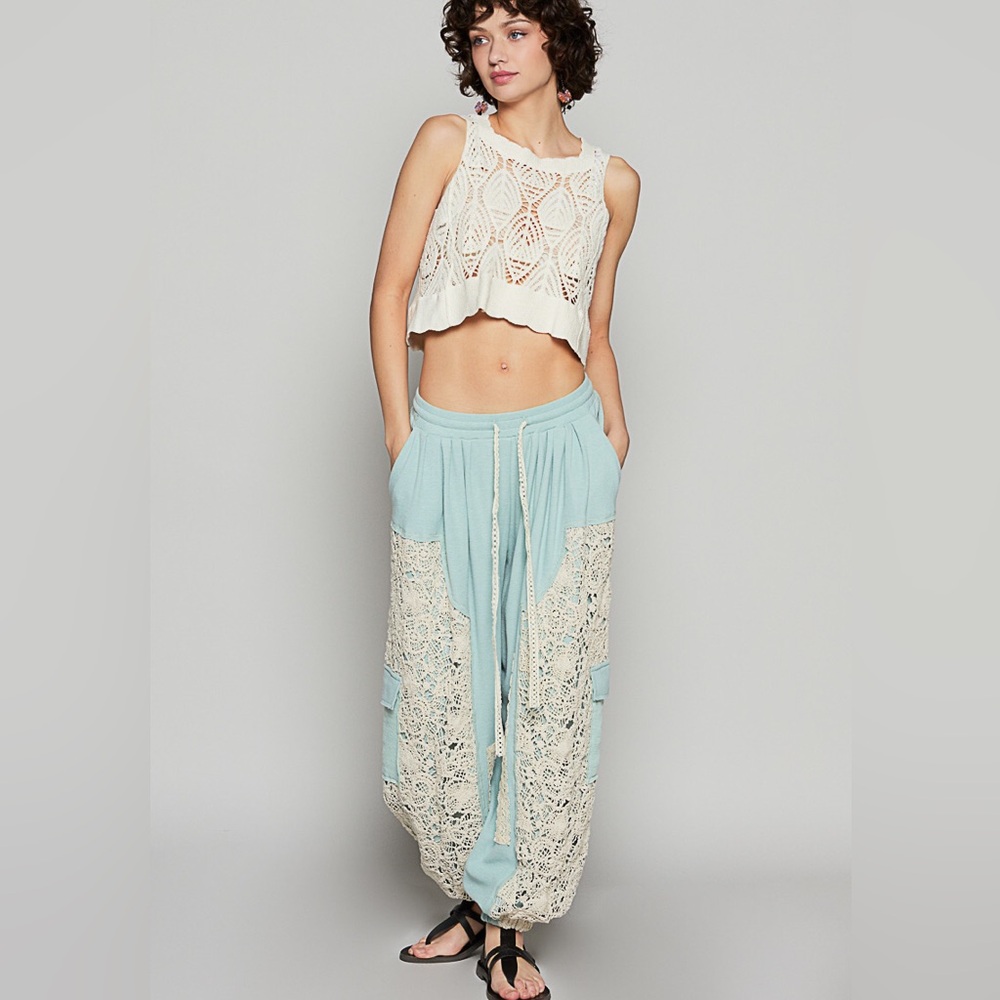POL lace pants boho joggers teal blue green pockets drawstring - Picture 4 of 9